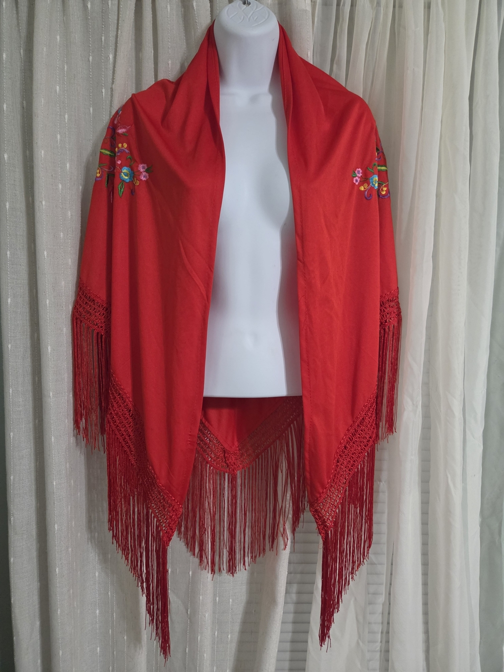 Red Floral Embroidered Fringe Shawl - Picture 2 of 8